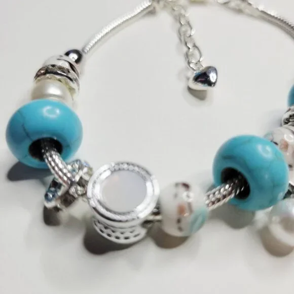 NWT Pandora Style Charm Bracelet Glitter Mermaids Tail Ceramic Beads Premium M/L - Picture 5 of 8